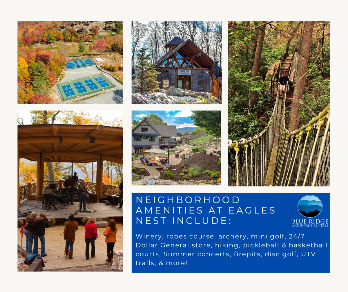 This exterior image captures a bustling community gathering area featuring sports courts, nature trails, and a live music stage. People can be seen enjoying activities like playing mini-golf, hiking, and attending a summer concert, all surrounded by vibrant natural scenery and the community lodge.